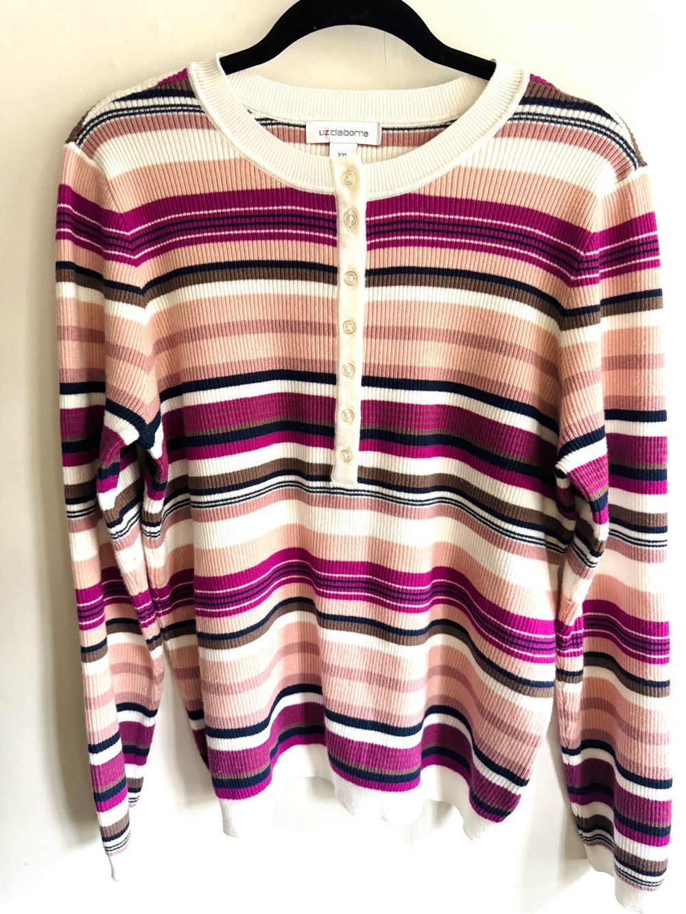Liz Claiborne Pink Stripe Ribbed Henley Sweater